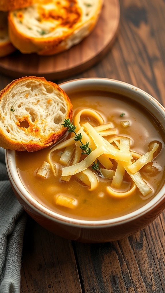 A bowl of French onion soup with melted cheese and toasted bread, garnished with thyme.